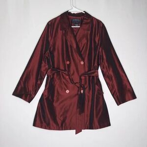 Claiborne Trench Coat Womens LP Metallic Red Double Breasted Whimsigoth Witchy